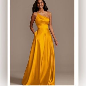 DAVIDS BRIDAL ONE-SHOULDER SATIN A-LINE BRIDESMAID DRESS